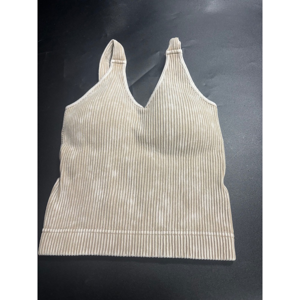 Zenana NEW Ribbed Stone Wash V-Neck Cropโ Tank Top/Brami Padded Beige S/M